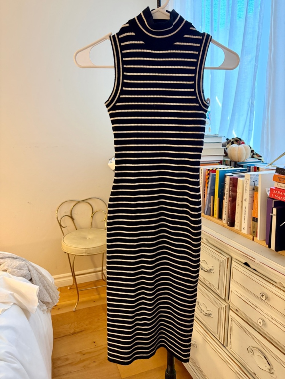 Michael Kors Black and White Striped Sleeveless Turtleneck Midi Dress